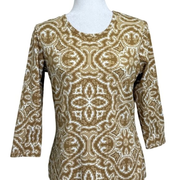 J. McLaughlin Tops - J. McLaughlin Womens Top Catalina Cloth Beige White Geometric 3/4 Sleeve Size M
